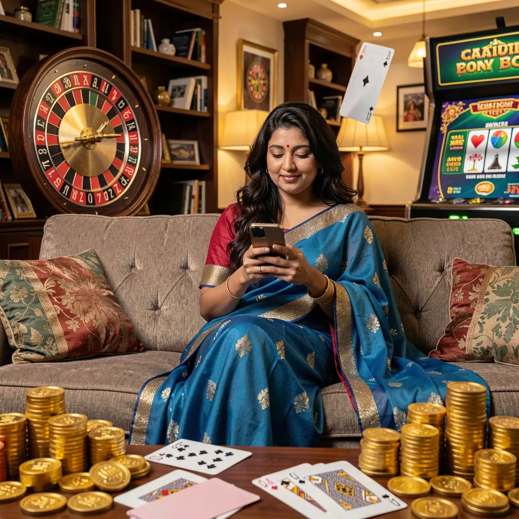 Elegant Bangladeshi woman relaxing on a sofa while using the GV88 casino app with floating gold coins roulette and cards around her