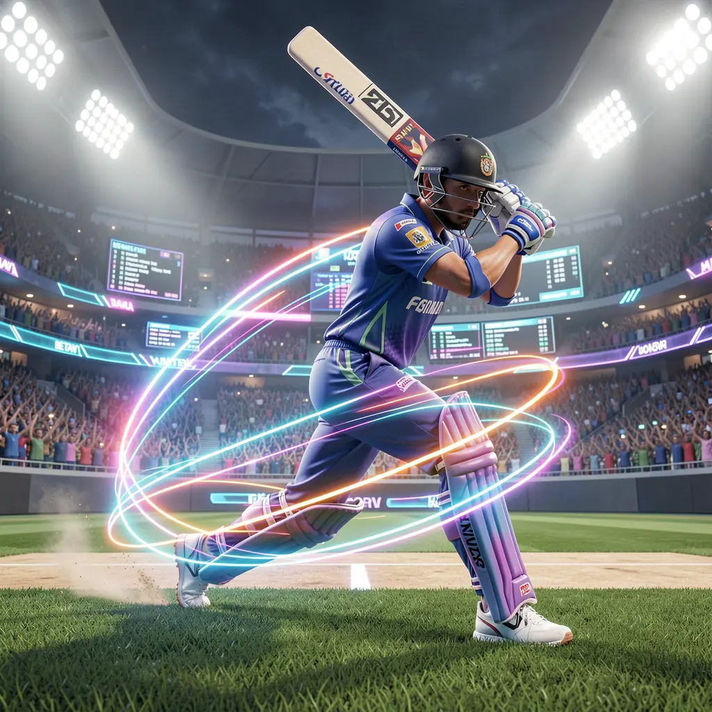 Dynamic neon cricket player in motion with glowing effects and stadium lights representing live sports betting on GV88 in Bangladesh