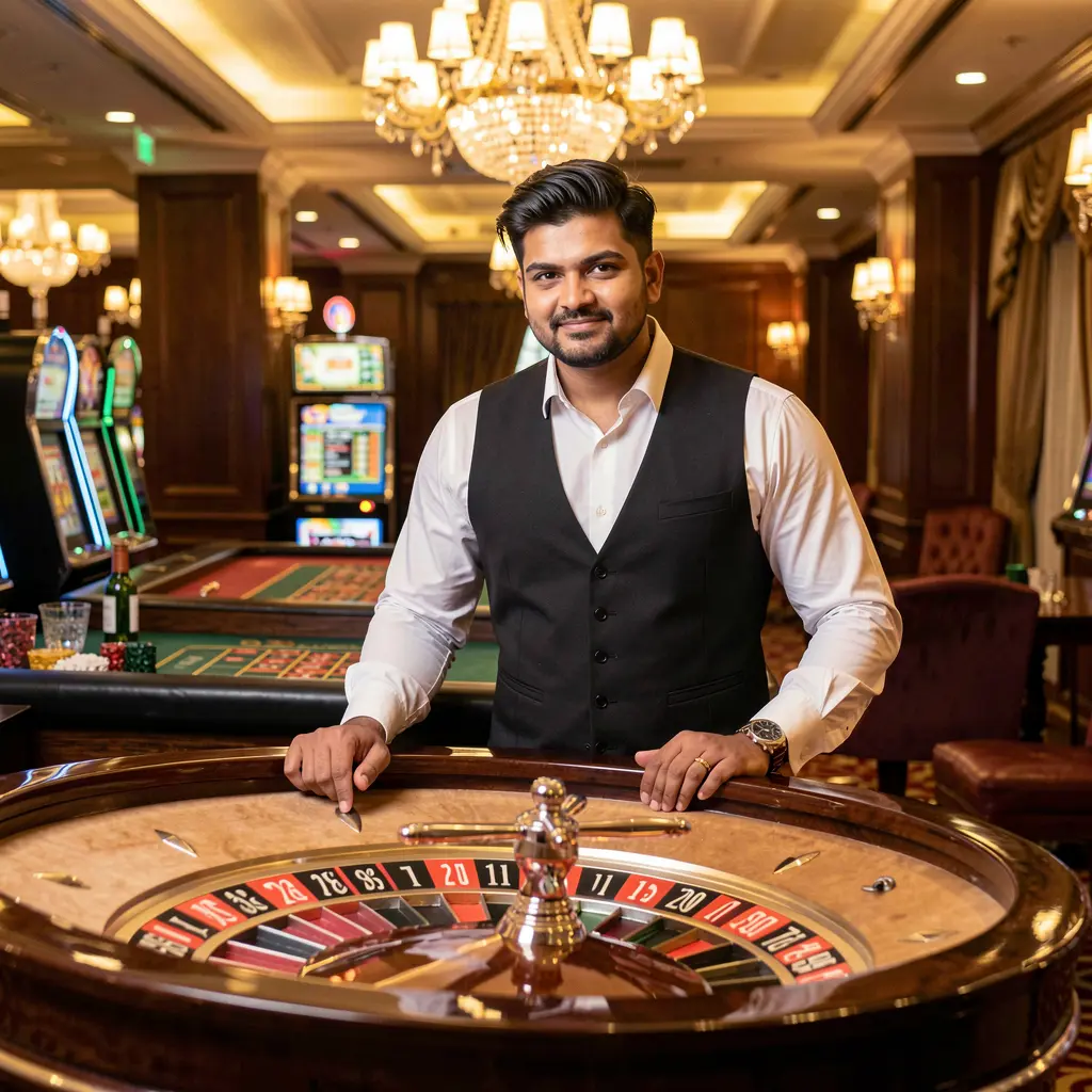 Professional live casino dealer standing at an illuminated roulette table in a luxury studio representing the high quality live casino experience offered by GV88 in Bangladesh