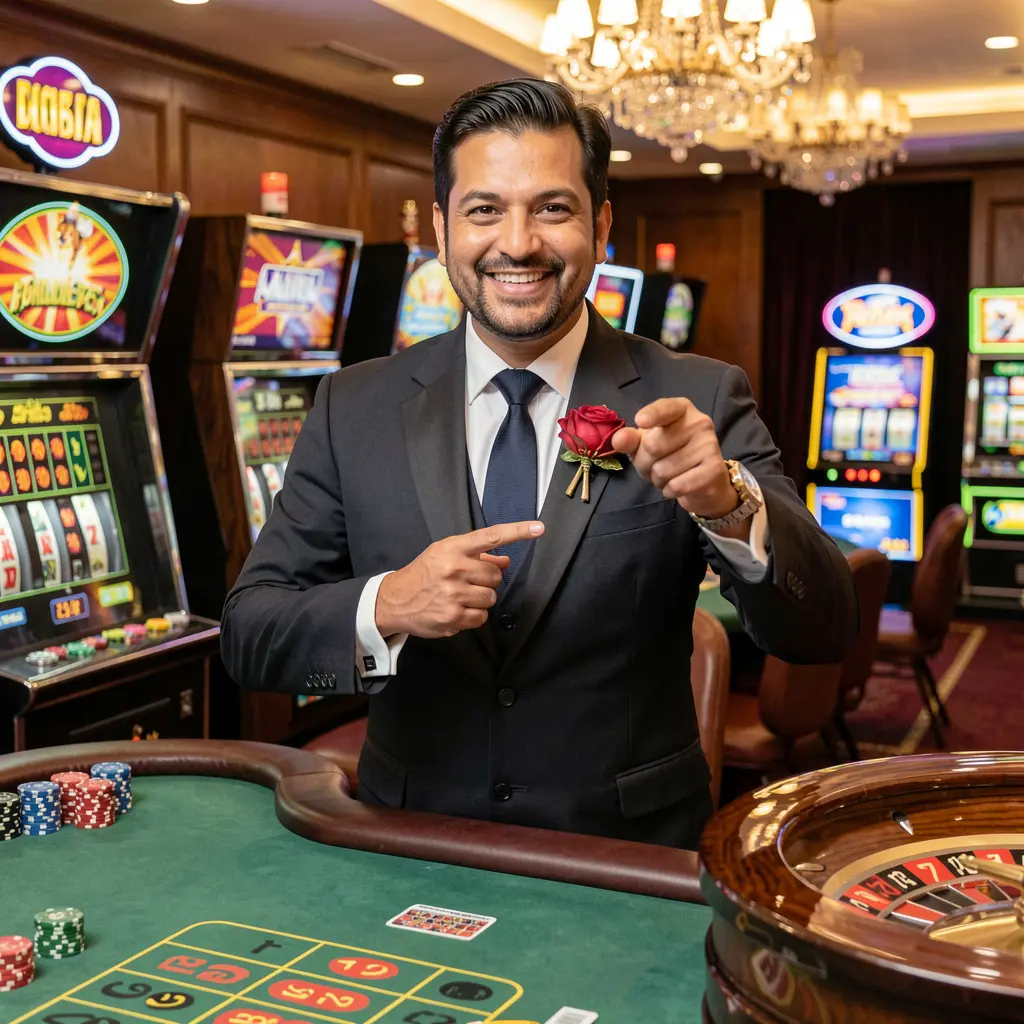 Confident Bangladeshi GV88 casino presenter pointing forward with a welcoming smile in front of roulette and slot machines